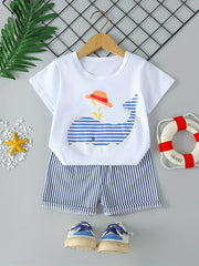 Boys Cartoon Whale Casual Outfit Round Neck T shirt & Striped Shorts