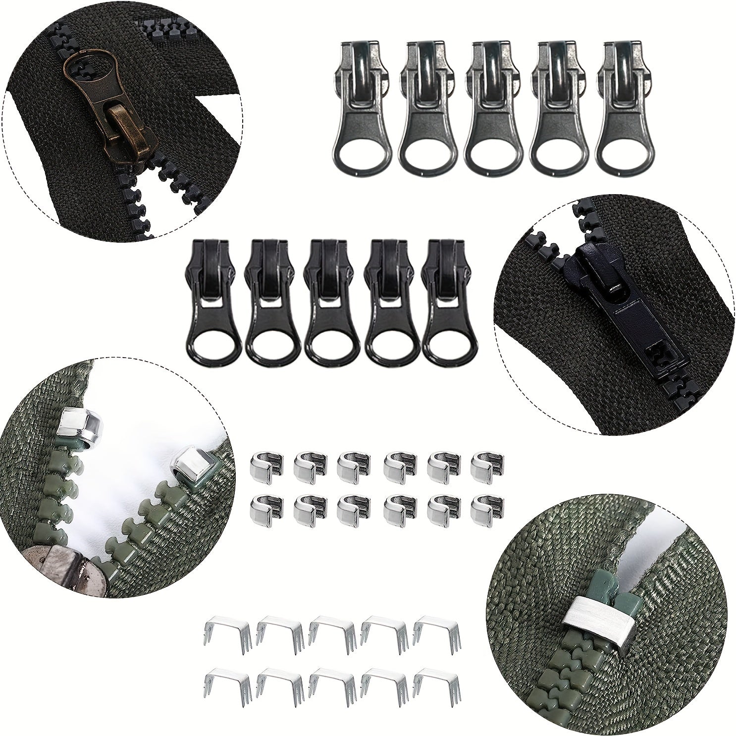 Zipper Repair Kit 48pcs 5 Sliders Stops Replacement Head Bottom Top Stop Fix