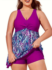 Ethnic Style Tankini Set Women's Plus Contrast Graphic Print Twist