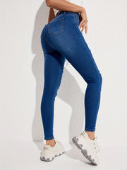 Ripped Holes Skinny Jeans Slim Fit Slash Pockets Slight Stretch