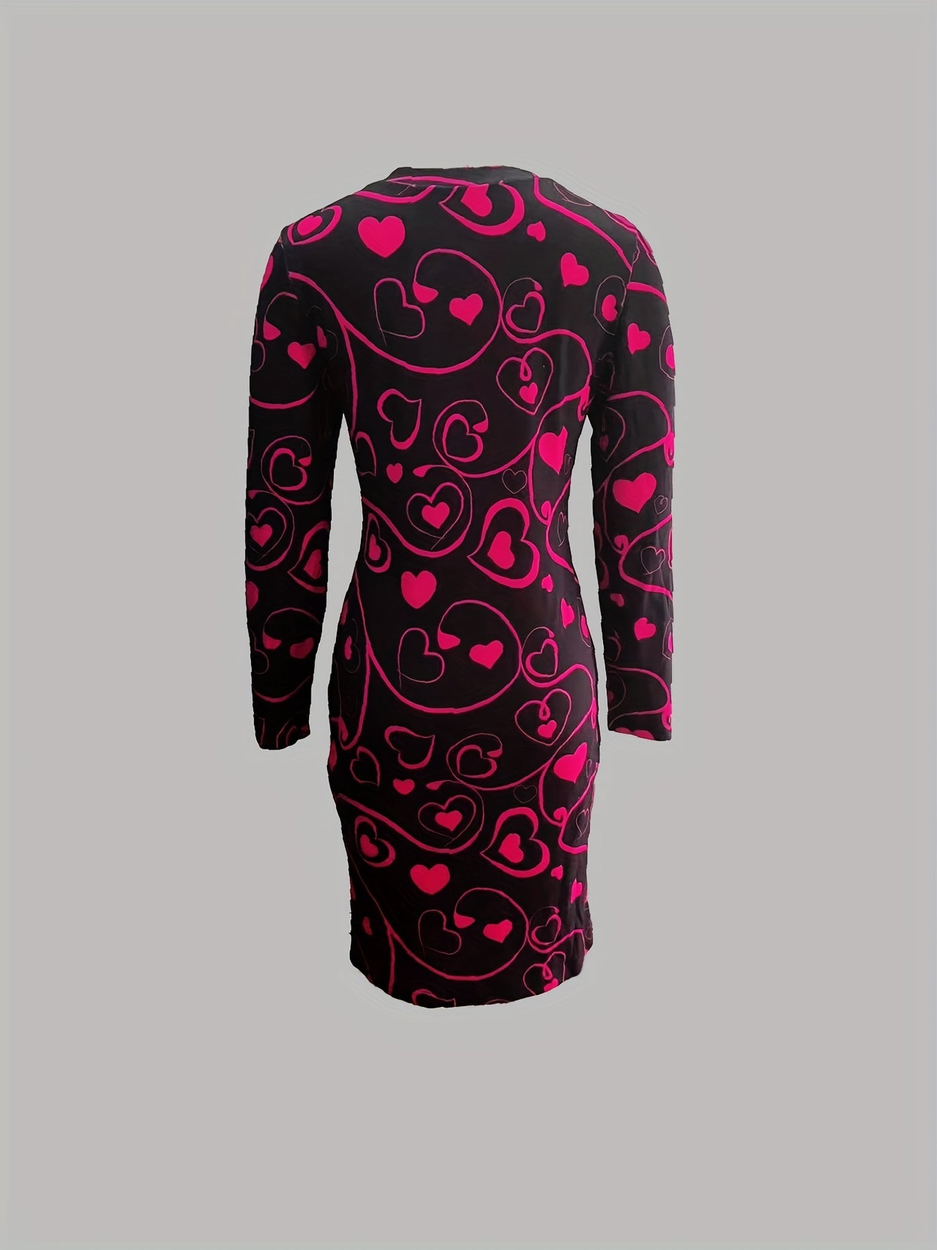Heart Print Bodycon Dress Crew Neck Long Sleeve Women's Clothing
