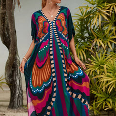 Butterfly Print Kaftan Cover Up Dress V Neck Loose Fit Short Sleeves