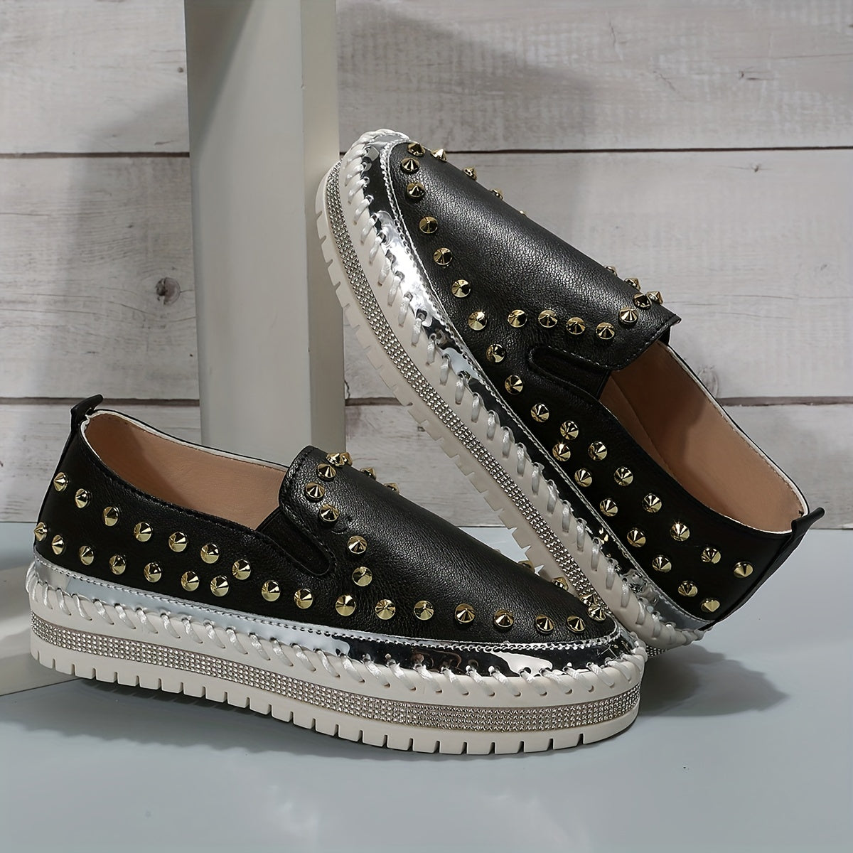 Women's Rivet Platform Loafers Slip On Low Top Shoes