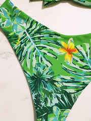 Tropical Plant Leaf & Flower Print Bandeau Two Piece Bikini Set