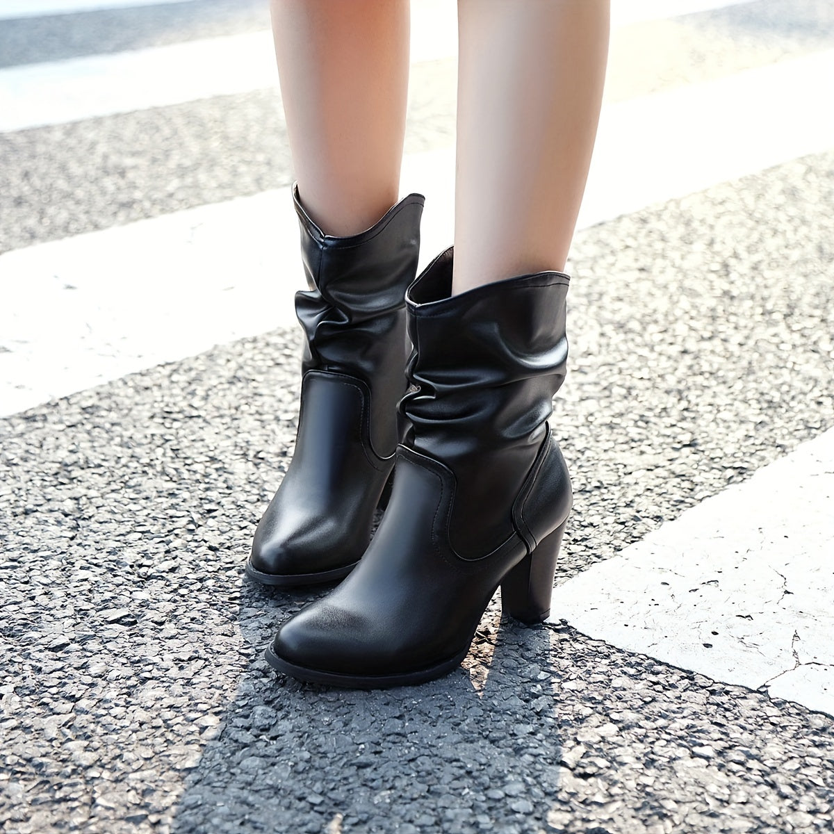 Slouchy Heeled Boots Pointed Toe V cut Slip On High Heels