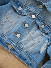 Girls Ripped Denim Jacket Button Down Long Sleeve Coat