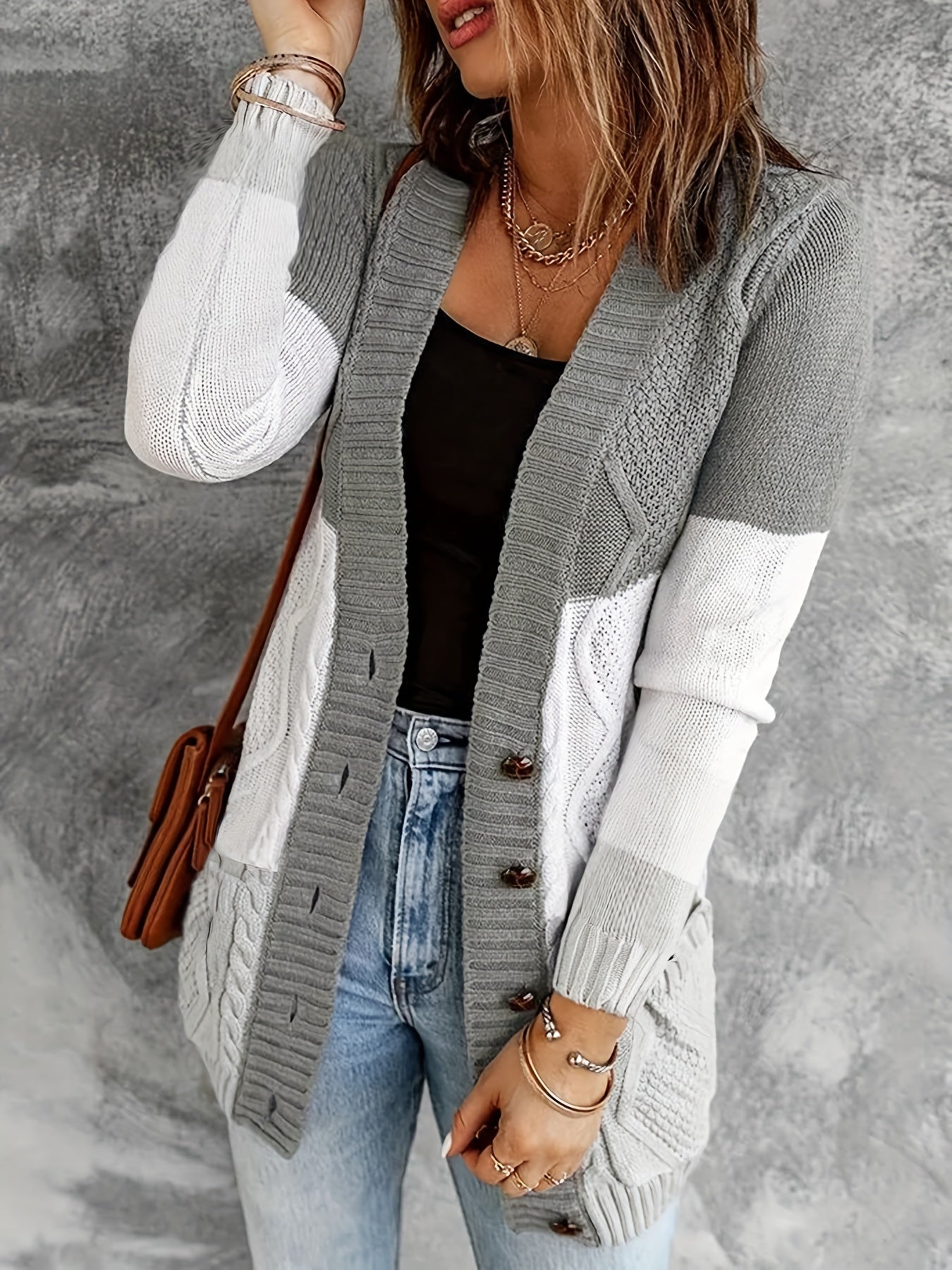 Colorblock Button Up Long Sleeve Sweater Cardigan