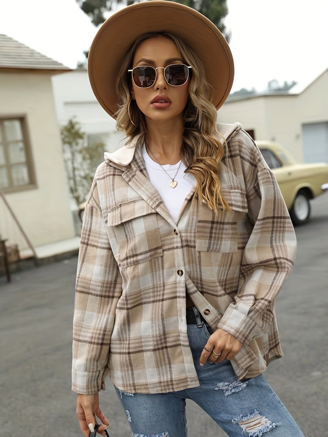 Plaid Flap Pockets Hooded Jacket for Fall & Winter