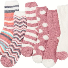 6 Pairs Geometric Pattern Warm Fuzzy Floor Socks Women's Stockings