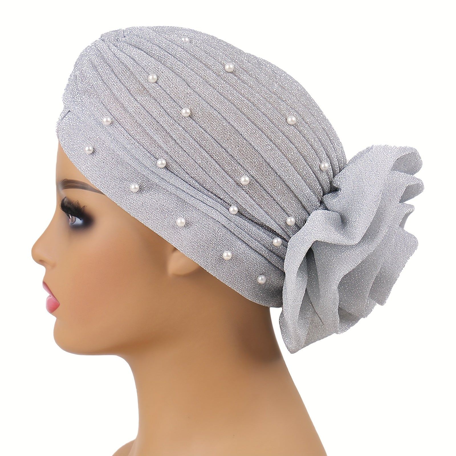 Gray Glitter Plate Flower Turban Cap Pleated Head Wrap