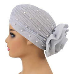Gray Glitter Plate Flower Turban Cap Pleated Head Wrap