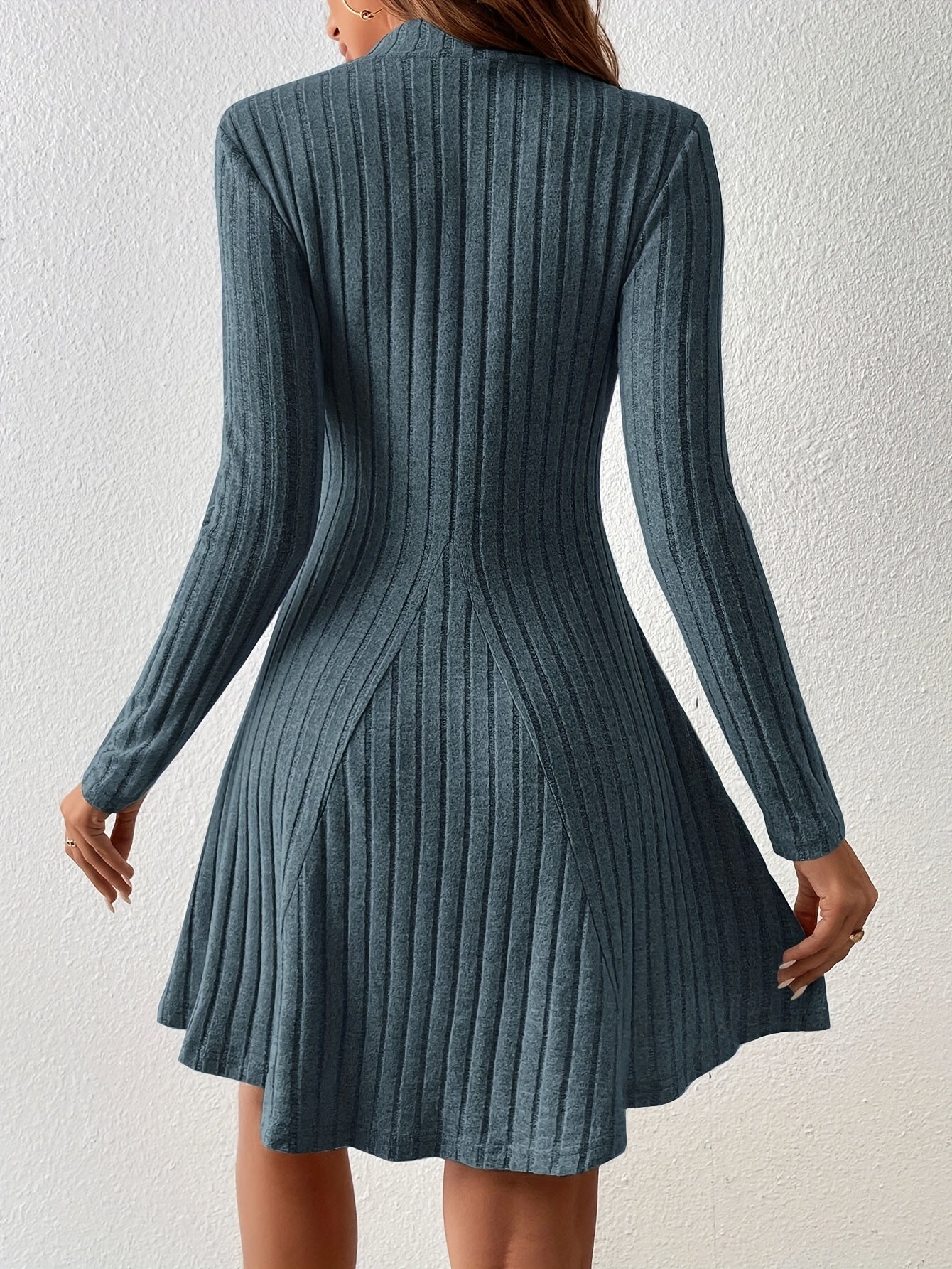 Solid Ribbed Dress Casual Mock Neck Long Sleeve Dress Women's Clothing
