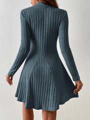 Solid Ribbed Dress Casual Mock Neck Long Sleeve Dress Women's Clothing