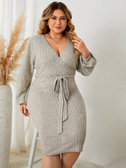 Ribbed Lantern Sleeve Dress With Belt