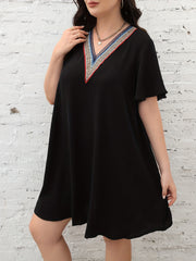 Boho Dress Women's Colorblock Lace V Neck Short Sleeve Dress