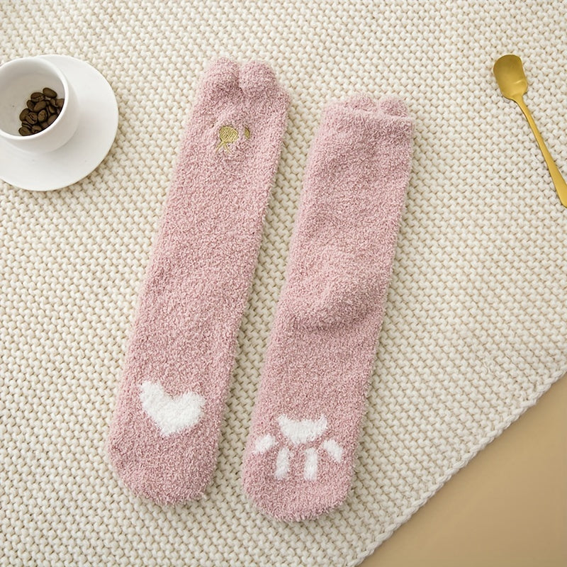 4 Pairs Heart Print Fuzzy Warm Women's Socks Stockings
