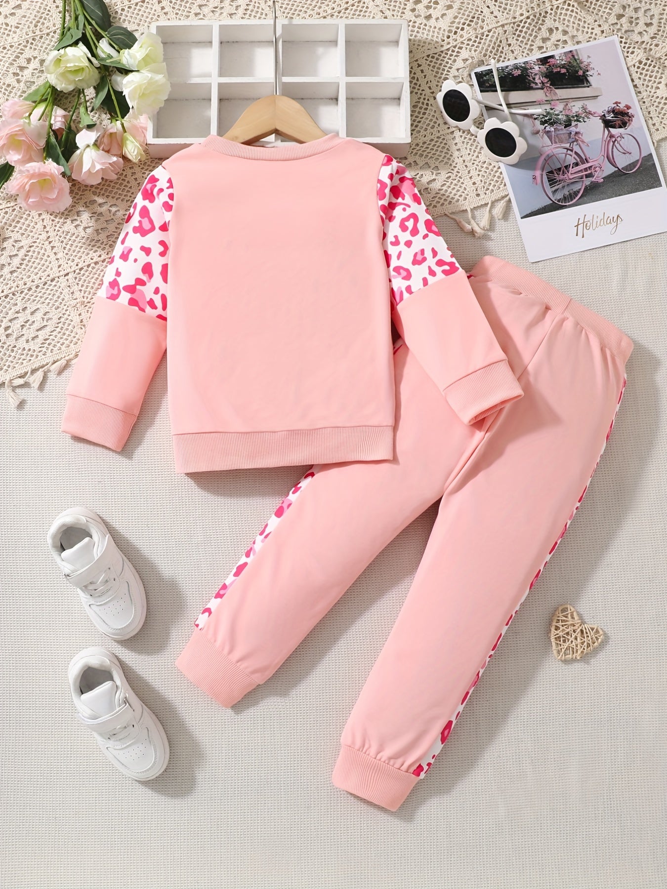 Girls Leopard Patchwork Sweatshirt Pants Set