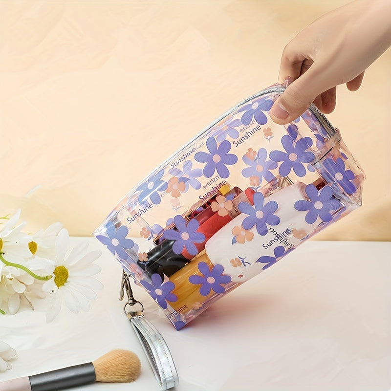 Floral Pattern PVC Makeup Bag Clear Cosmetic Bag With Wrist Strap