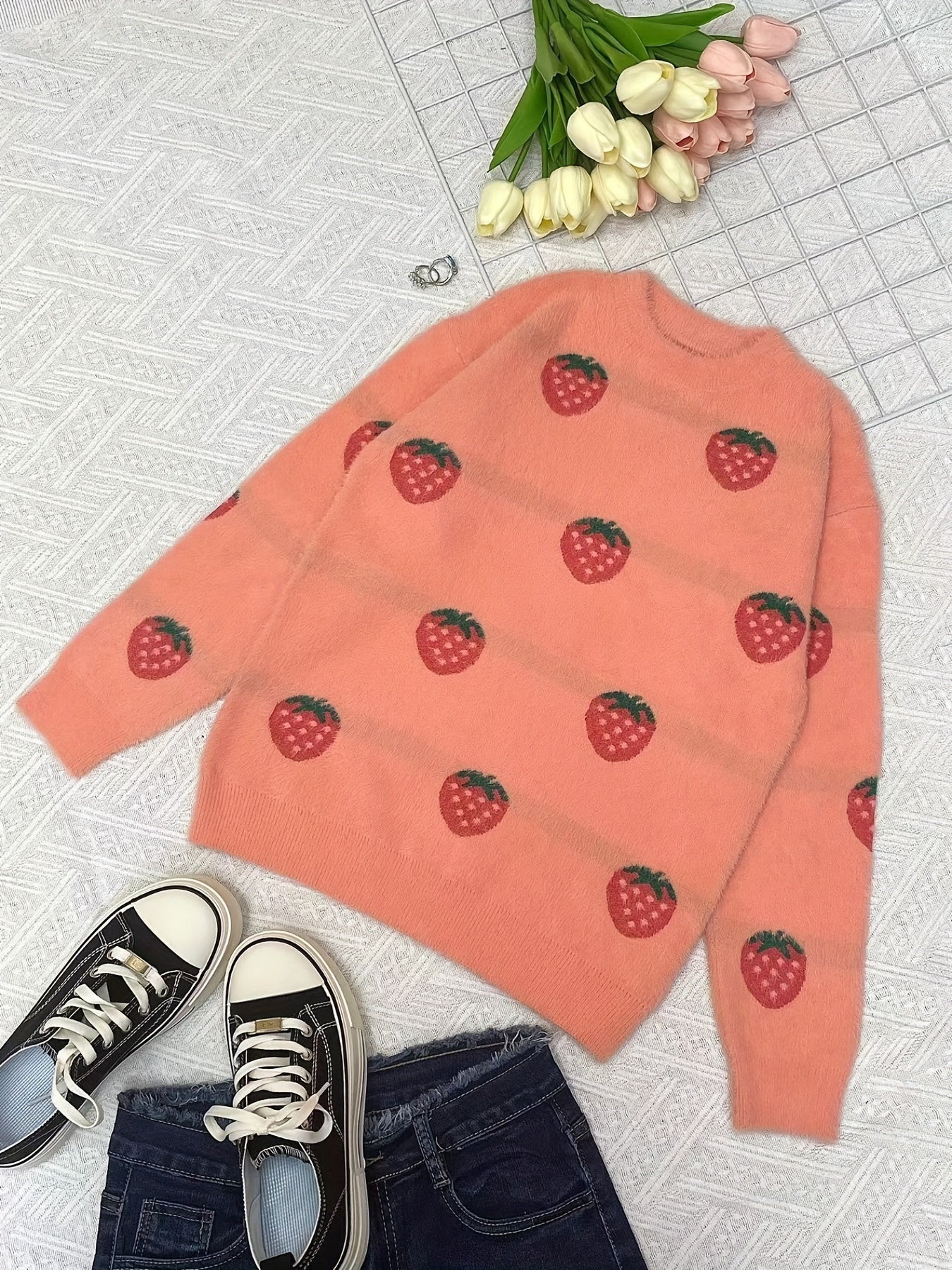 Girls Strawberry Fruit Pattern Sweater Long Sleeve