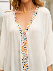Geometric Print V Neck Cover Up Contrast Trim Long Sleeve Top