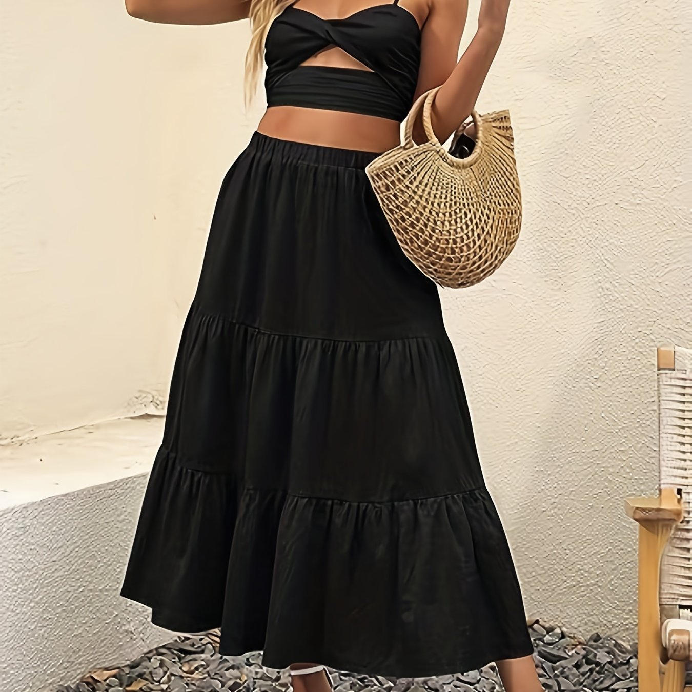 Solid Elastic High Rise Swing Maxi Skirt