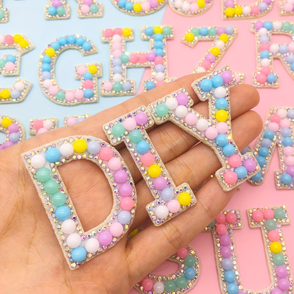 2pcs Bead Rhinestone Letter Stickers Shirt Jacket Bag DIY Name