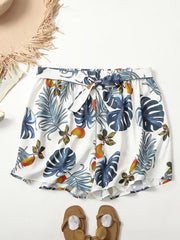 Tropical Print Elastic Waist Beach Shorts With Belt