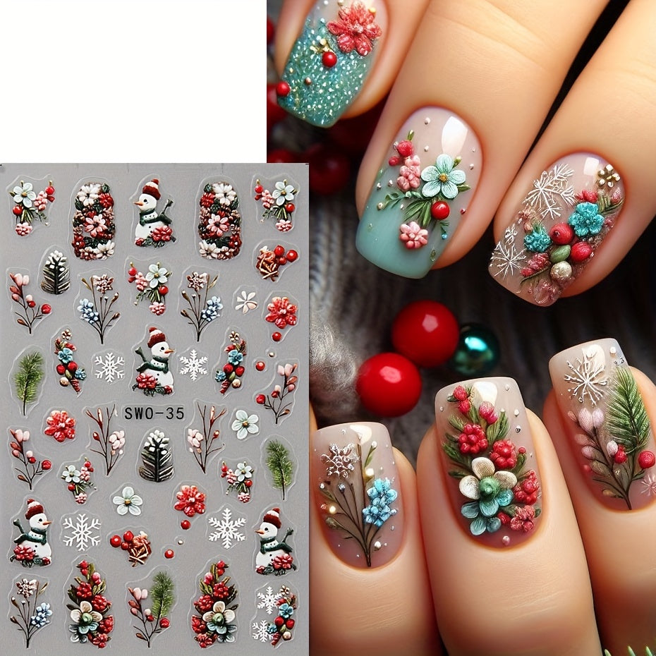 2pcs Christmas Nail Art Stickers 3D Snowman Snowflake Self Adhesive