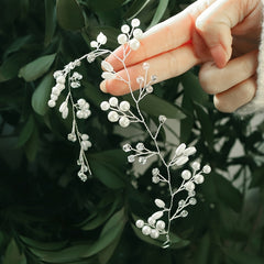 Silvery Flower & Leaf Wedding Hair Vine Pearl Headband