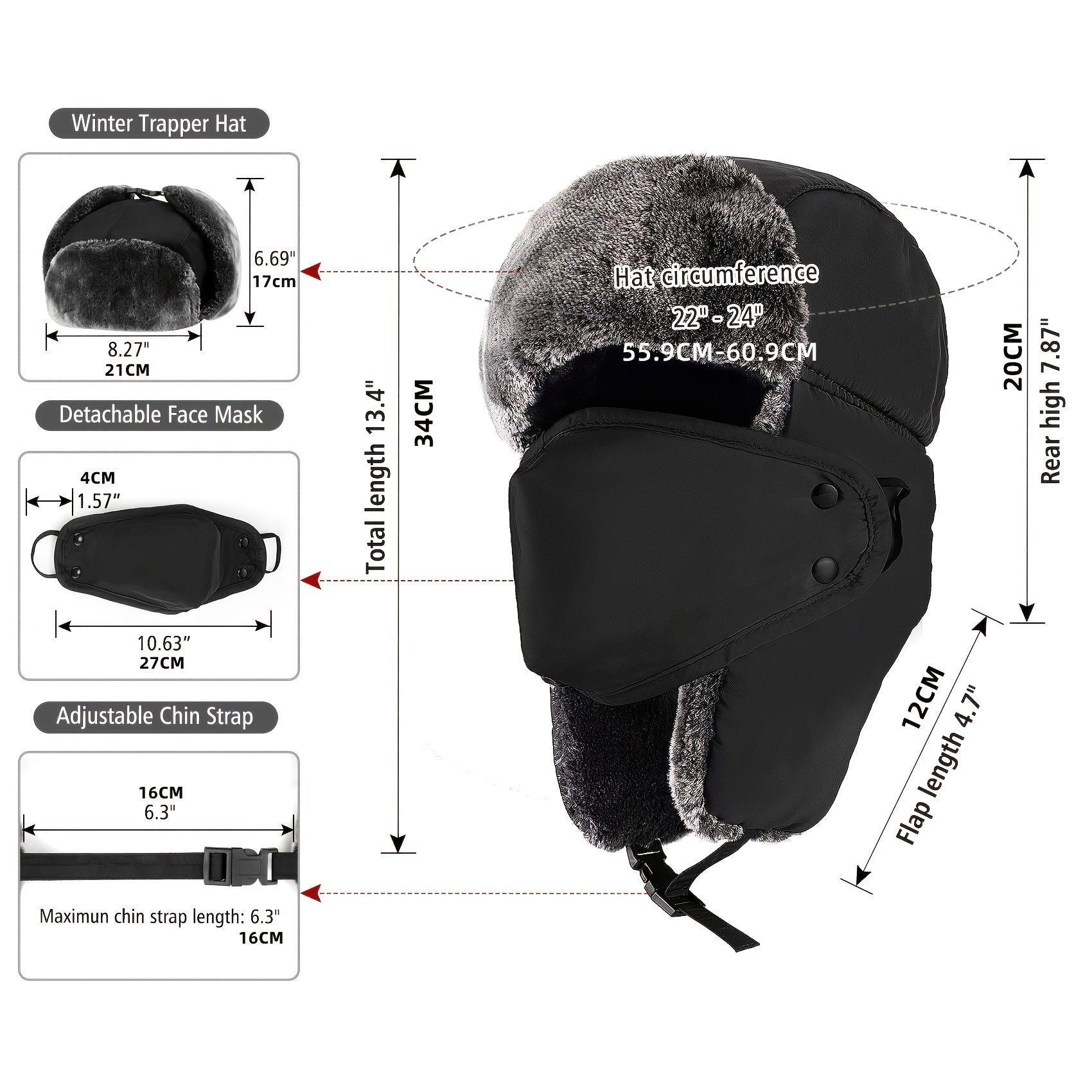 Classic Winter Hat with Ear Block, Chin Strap and Wind Mask
