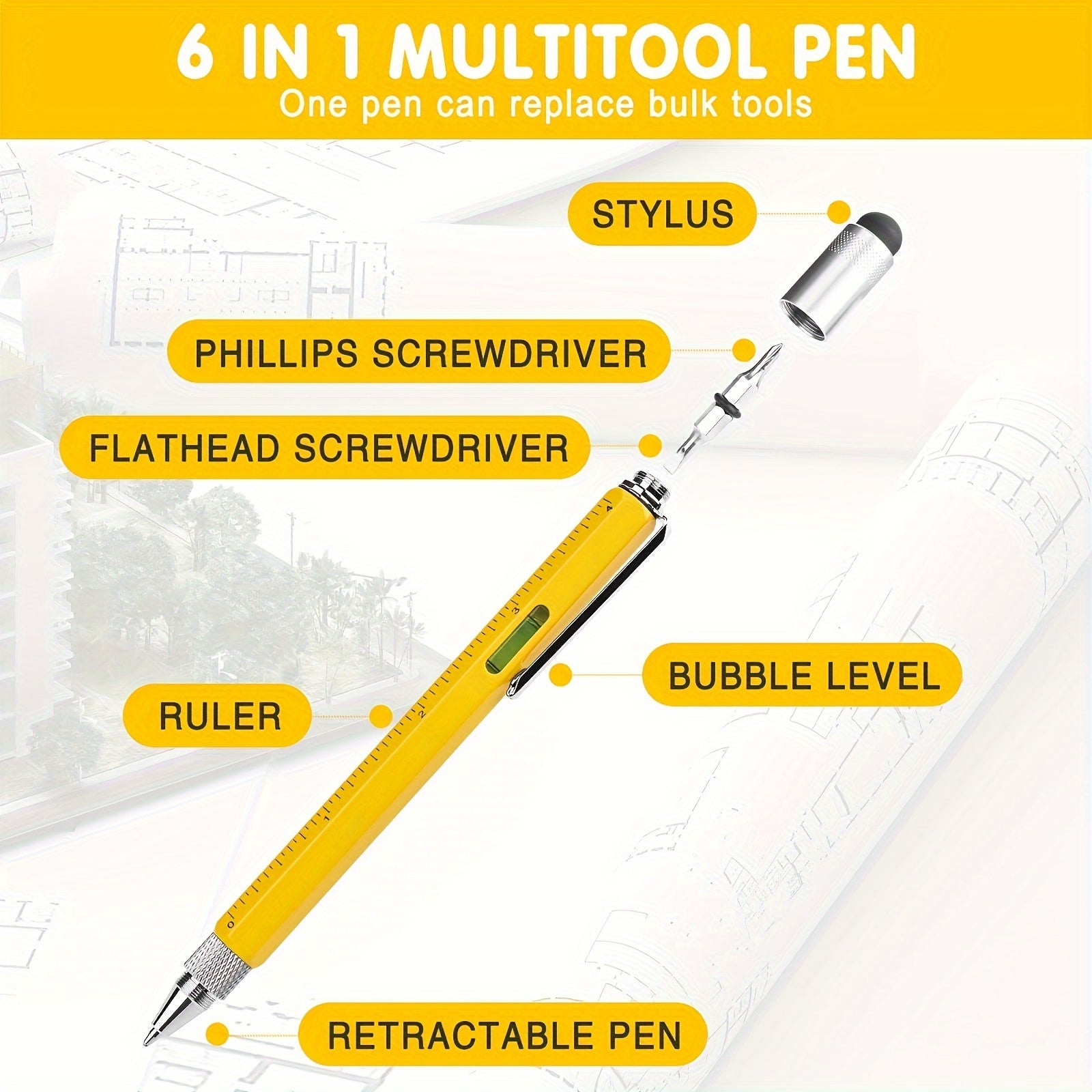 6-In-1 Multitool Pen - Tech Pen with Ballpoint, Ruler, Stylus