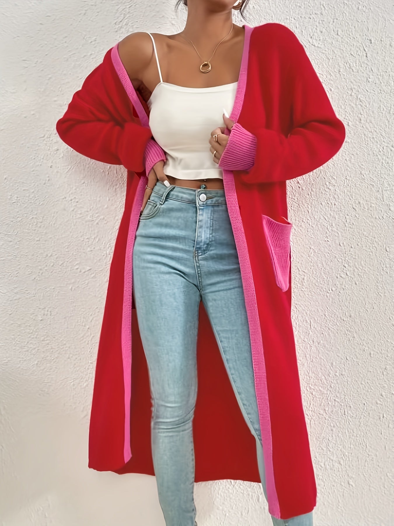 Open Front Knit Cardigan with Contrast Trim and Pocket