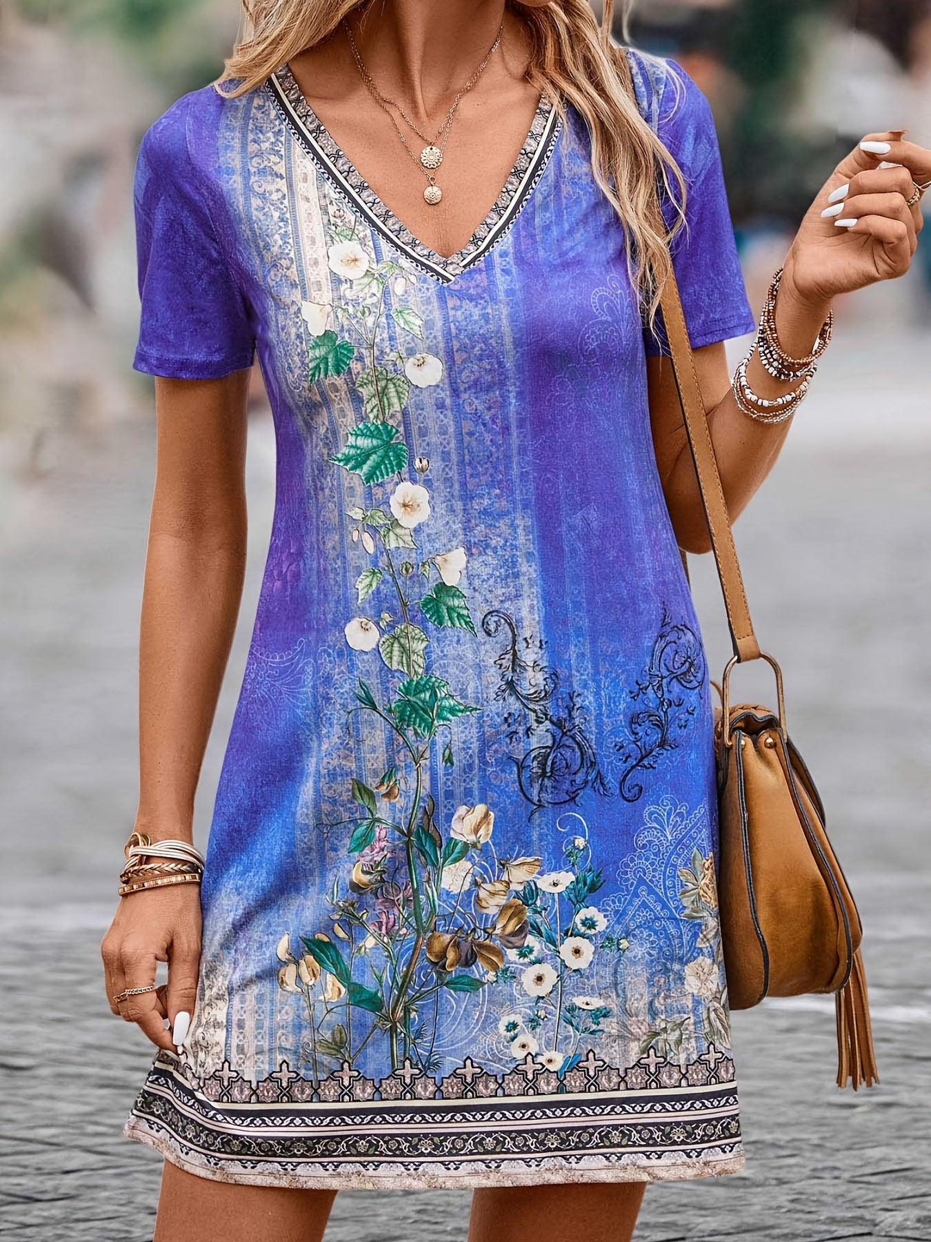 Floral Print V Neck Plus Size Mini Dress