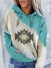 Ethnic Print Kangaroo Pocket Hoodie Long Sleeve Sweatshirt Women's Clothing