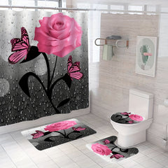 Romantic Pink Rose Butterfly Shower Curtain Set
