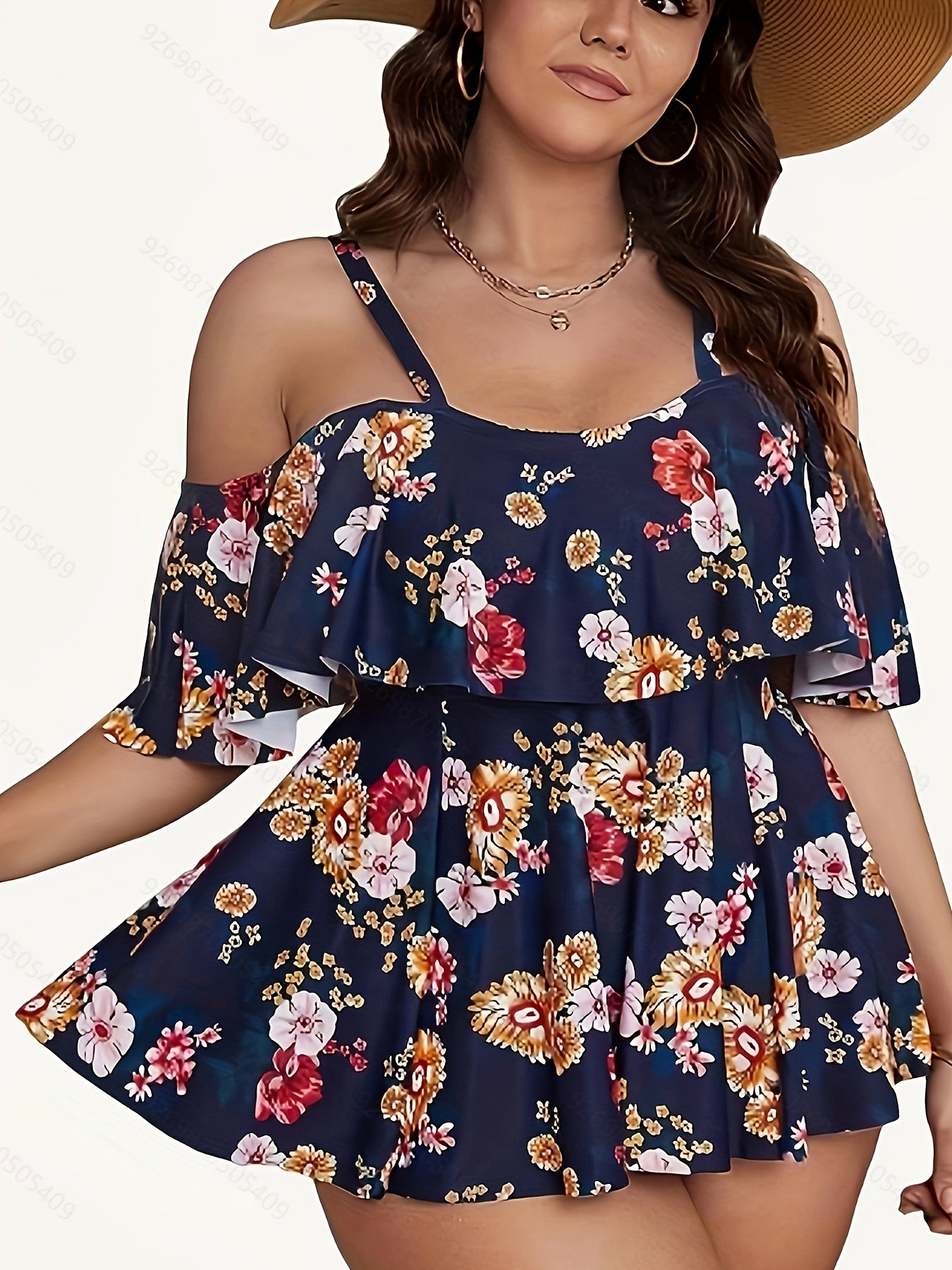 Floral Print Cold Shoulder Tankini Set