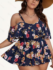 Floral Print Cold Shoulder Tankini Set