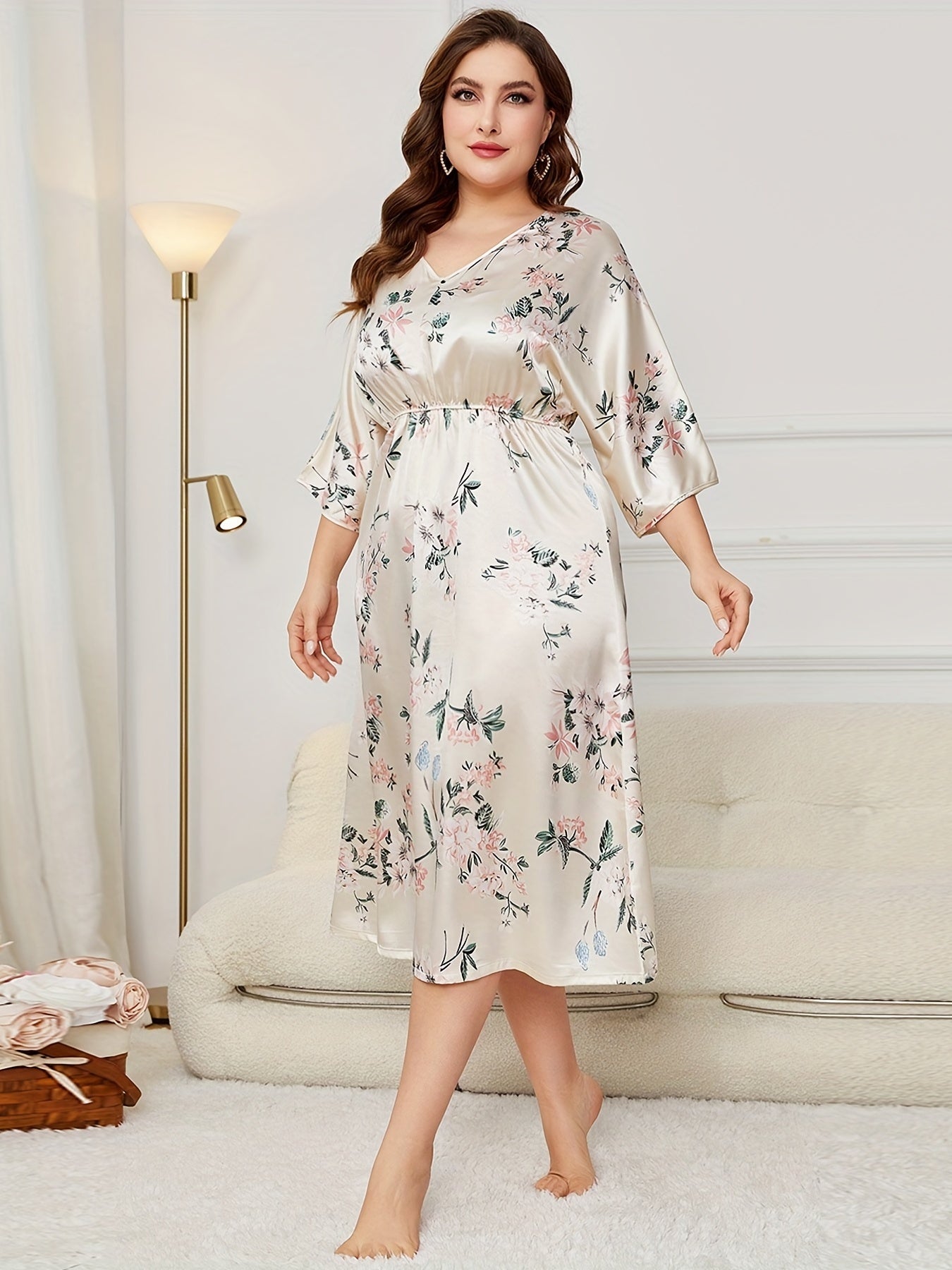 Nightdress Women's Floral Print Sleeved Sleep Dress