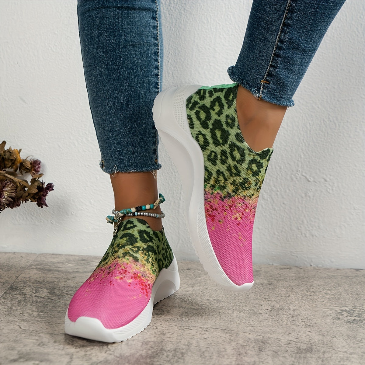 Leopard Print Colorblock Slip On Sneakers Lightweight Soft Sole Shoes