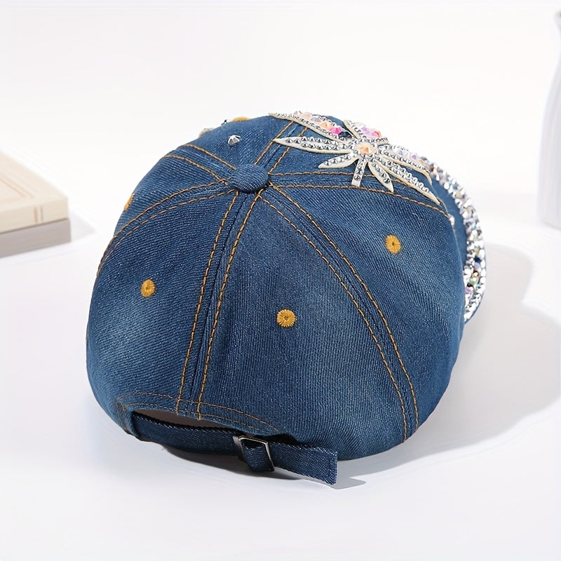 Rhinestone Leaf Patch Baseball Cap Denim Washed Sun Hats
