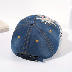 Rhinestone Leaf Patch Baseball Cap Denim Washed Sun Hats