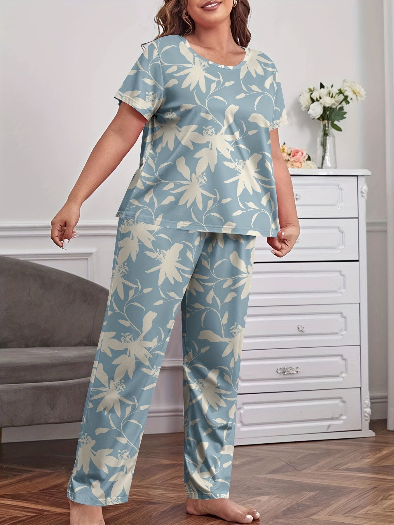 Pajama Set Women's Floral Print Short Sleeve Tee & Pants Lounge Set