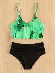 Marble Print 2 Piece Bikini Swimsuit Ruffle Stretchy Women's Swimwear