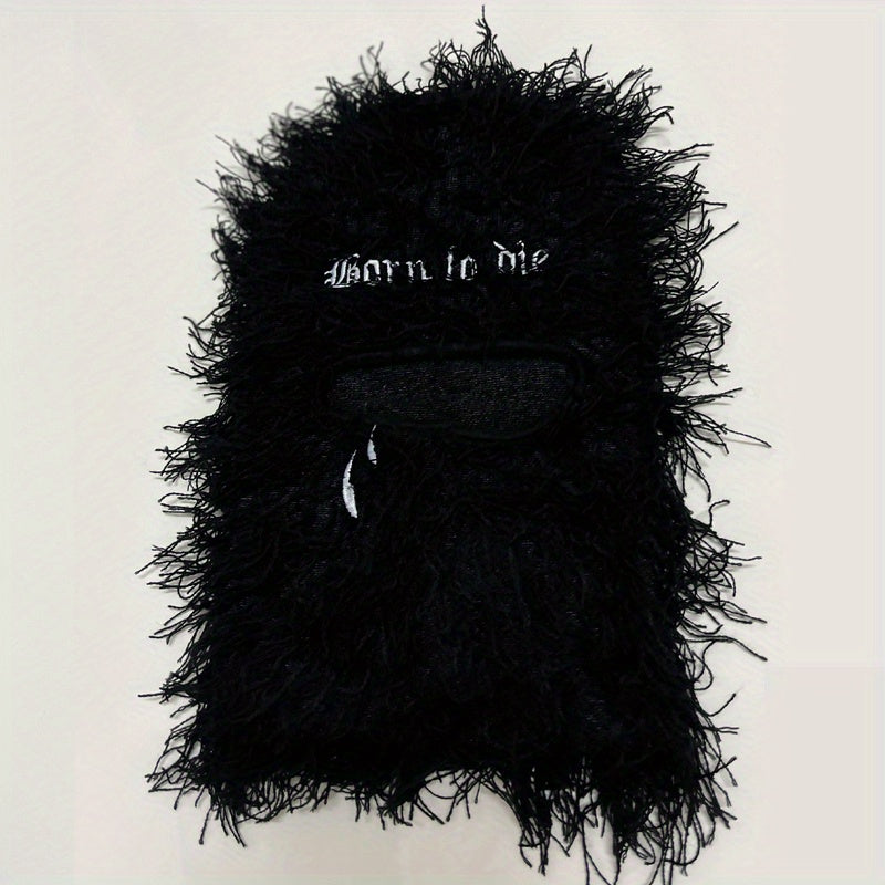 Y2K Fuzzy Balaclava Hat with Embroidered Pattern