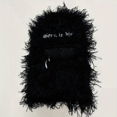 Y2K Fuzzy Balaclava Hat with Embroidered Pattern