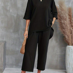 Casual Two piece Set Crew Neck 3 4 Sleeve Tops & Wide Leg Cropped Pants