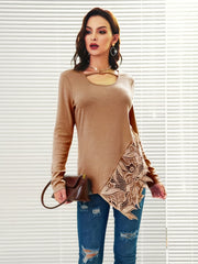 Knit Top Women's Plus Contrast Lace Long Sleeve Keyhole Top