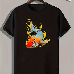 Burning Shark Print Men's Graphic T-Shirt for Summer