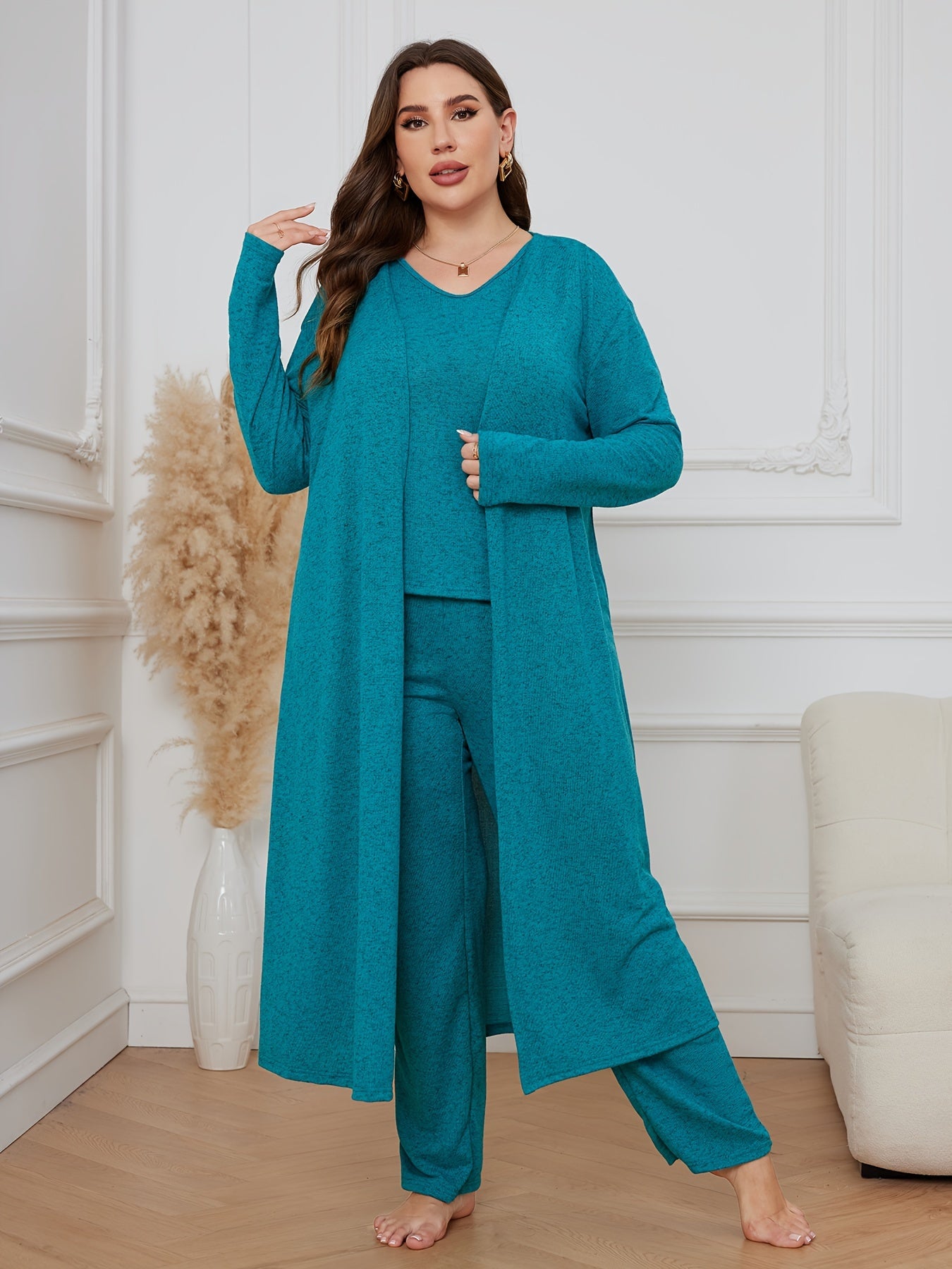 3 Piece Lounge Set Solid Long Sleeve Robe & V Neck Tank
