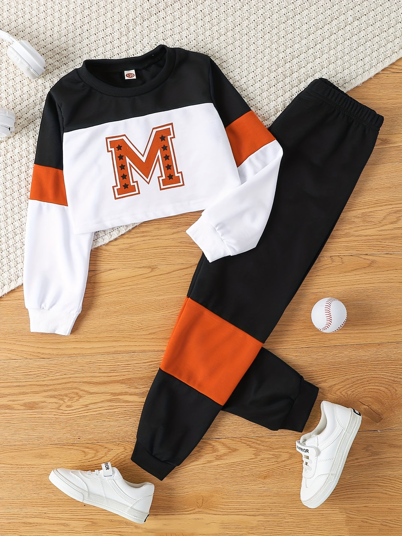 Girl's Letter M Pattern 2pcs Sweatshirt & Sweatpants Set